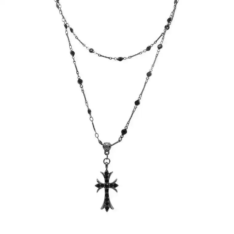 Y2K Black Zircon Cross Beaded Necklace for Women Layered Dark Gothic Style Alternative Culture Jewelry Pendant Necklace