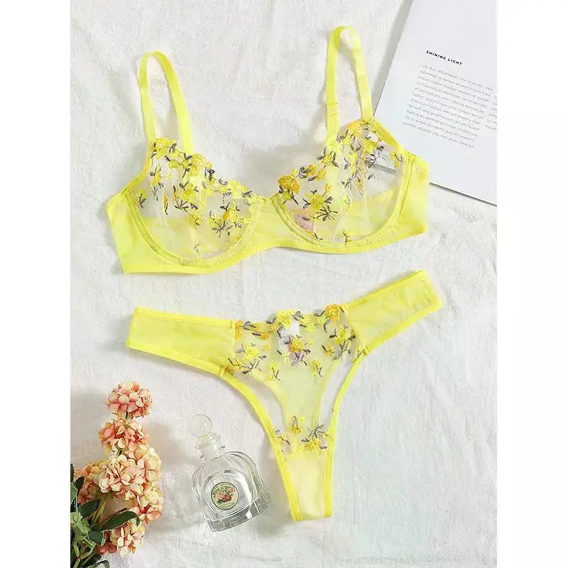 Transperant Lingerie Set Women Mesh Net Sexi Lenceria Sensual Mujer Bra Sets Embroidery Floral Underwired