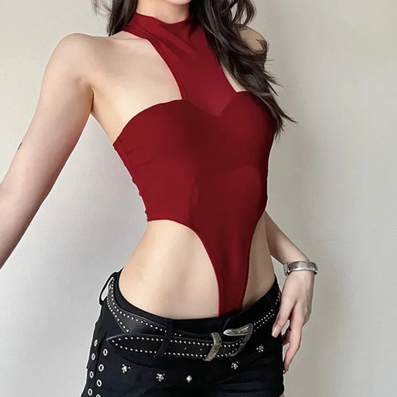 Red Lingerie Sexy Bodysuit Transparent Mesh Body Feminino Neck-mounted One-pieces Backless Tops For Women Y2k Clothes Bustier