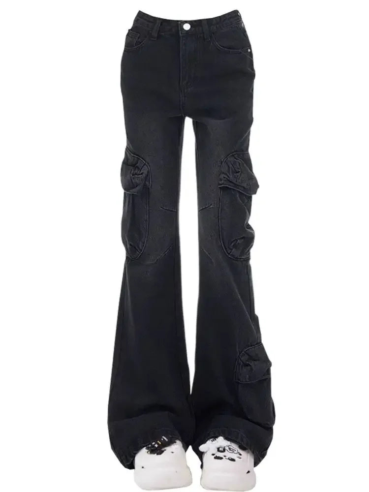 American Style Vintage Black Grey Micro Flared High Waisted Slimming Jeans For Women Trendy Niche Fashion Black Bell Bottom Trou
