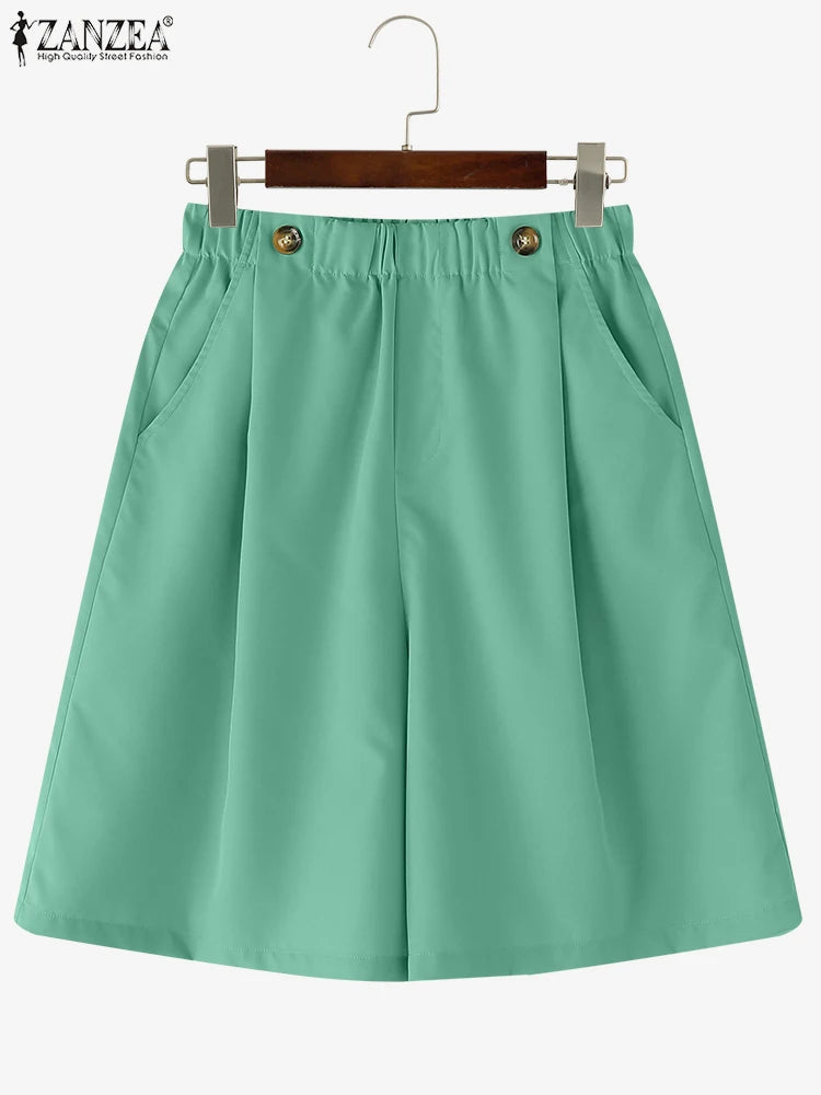 ZANZEA Women Shorts Fashion High Waist Wide Leg Pants 2025 Summer Elastic Waist Pantalons Casual Solid Pockets Vintage Shorts