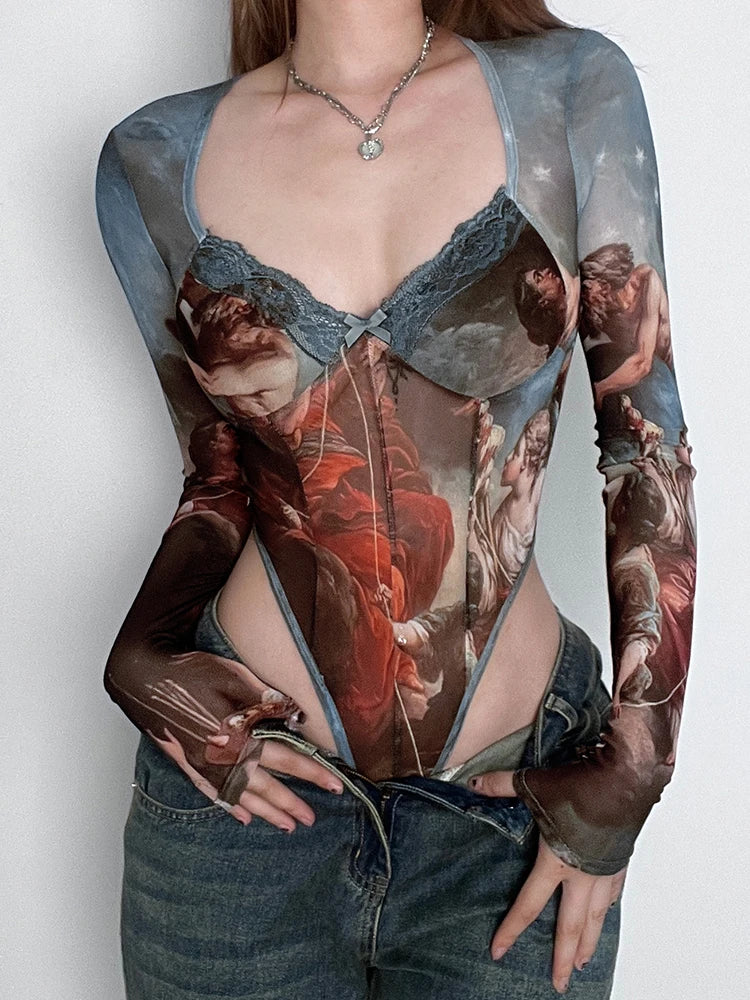 Rockmore  Vintage Printed Mesh Bodysuits Women Lace Bow Square Neck High Waist Wrapping Long Sleeve Bodysuit Halloween Christmas