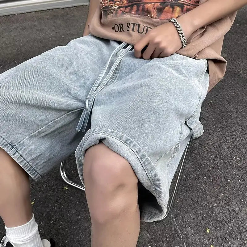 Fashionable Loose-fit Straight-leg Denim Shorts Simple Solid Color Casual Versatile Men's Five-point Pants