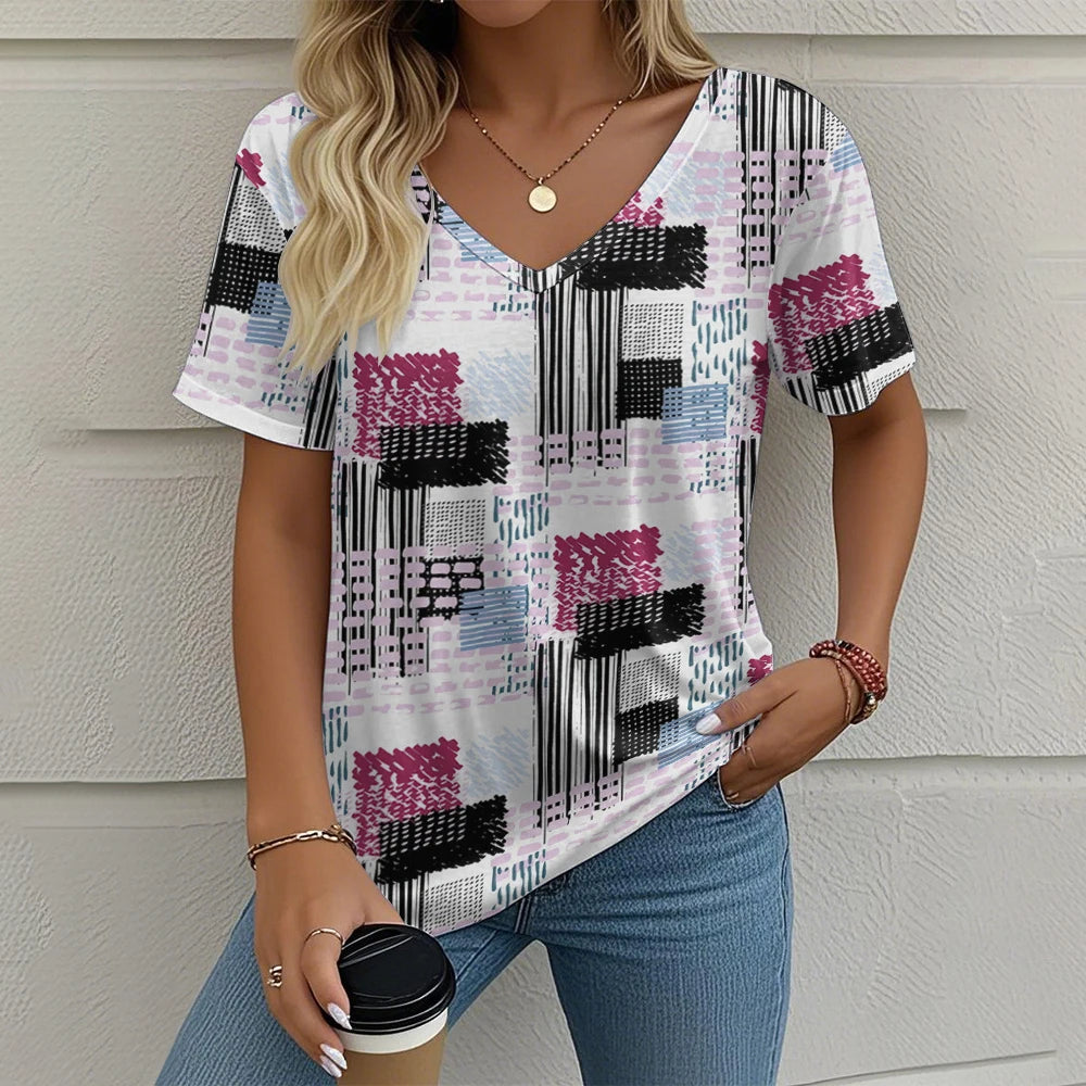 Summer Vintage Women's T-shirt Casual Plaid Pattern Printed Clothing Outdoor V-neck Short Sleeve Top Fashion Street T-Shirts