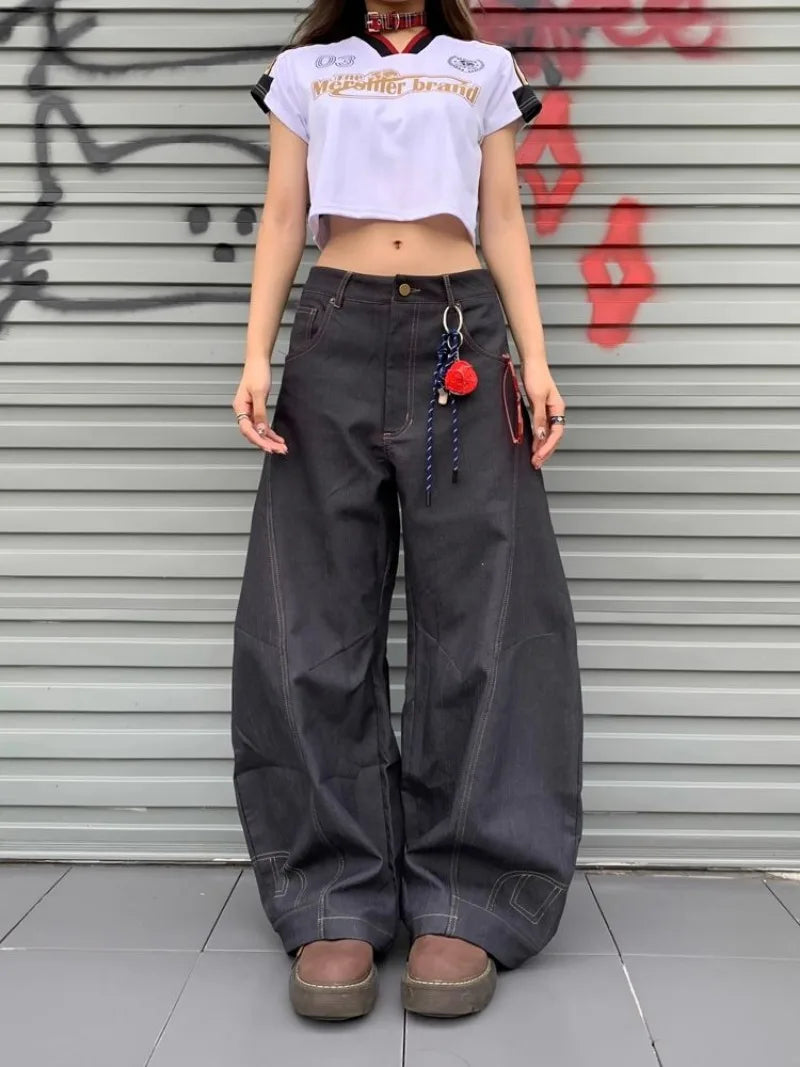 American New Fashion Letter Embroidery Stitching Old Baggy Jeans Women Y2K Harajuku  Popular High Waist Wide Leg Trousers