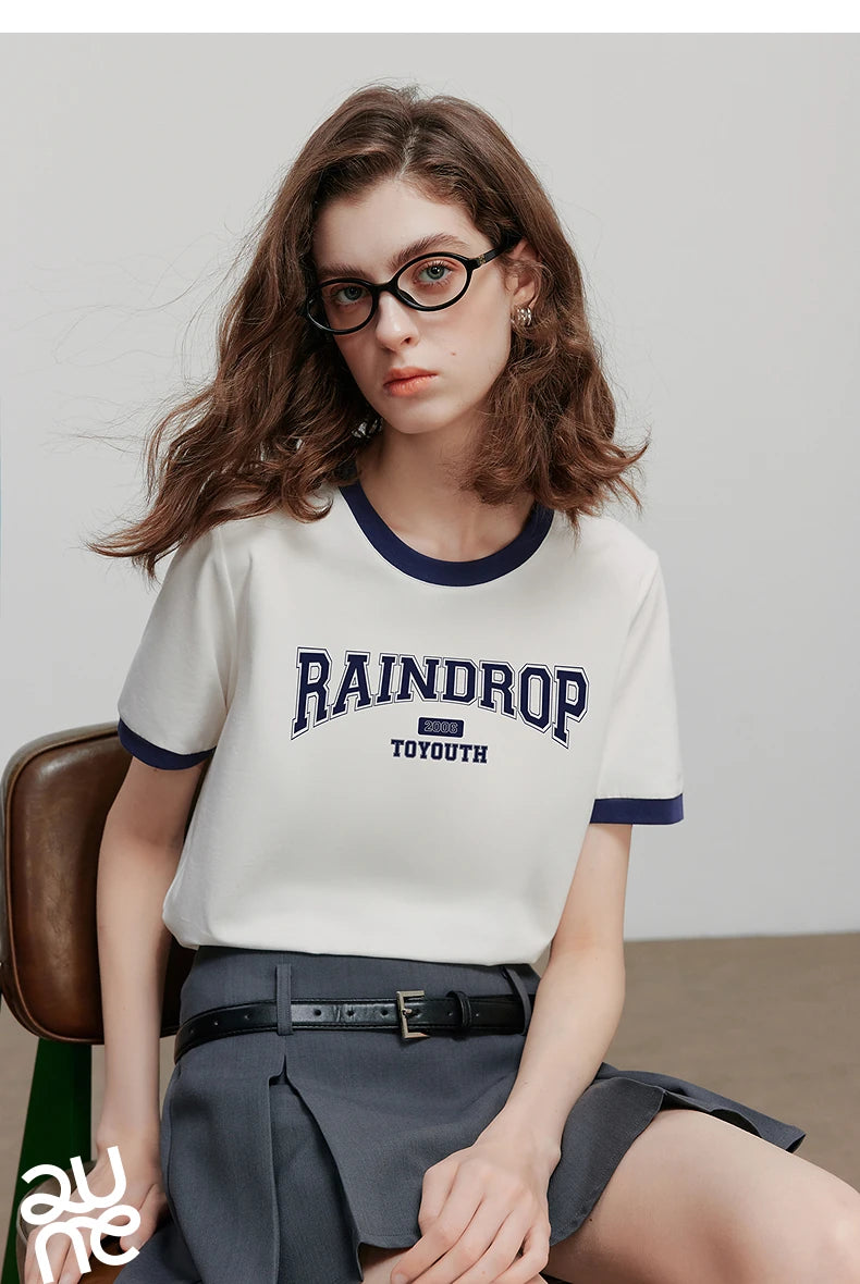 TOYOUTH Women Short Sleeve T shirt 2025 Summer New Color Blocked Letter American Style Antibacterial Cotton Tops GT5210004