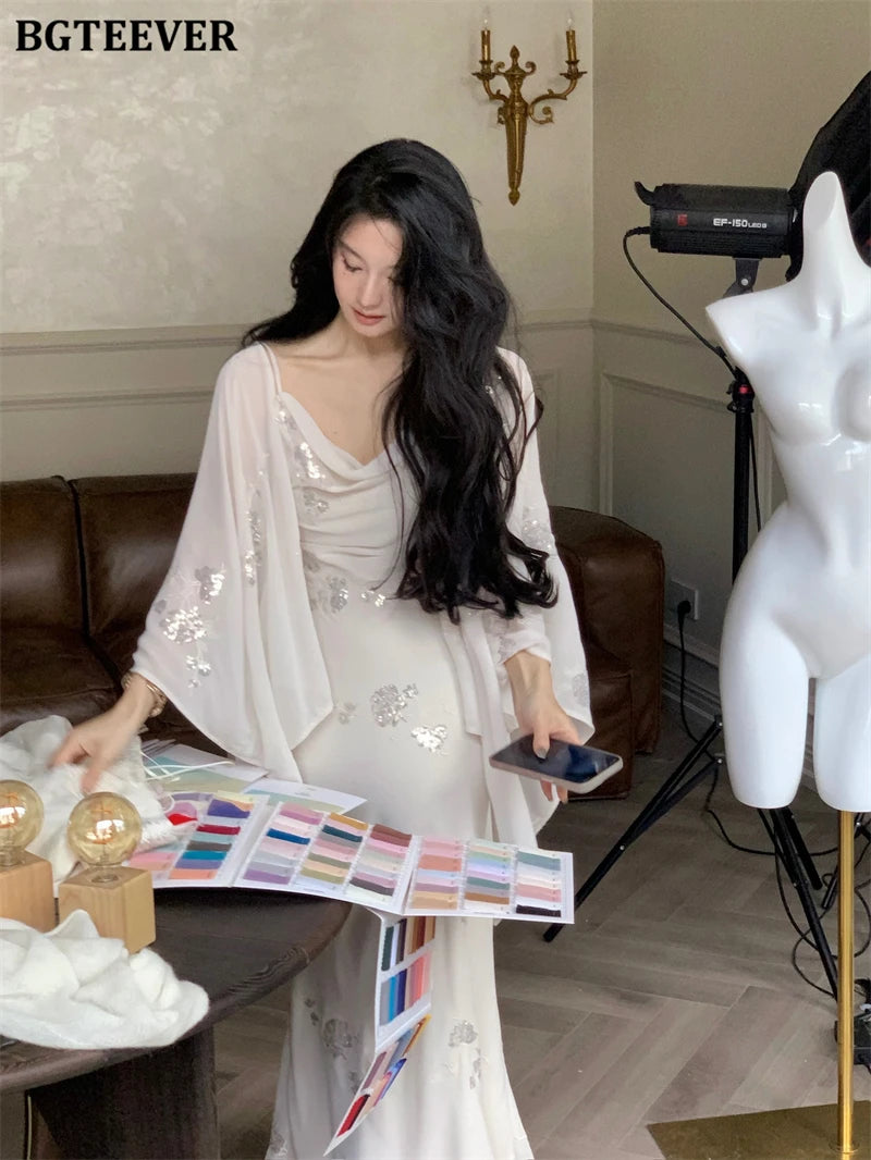 BGTEEVER Autumn Winte Slim OL Embroidery Set Long Sleeve Cardigans & Spaghetti Strap Package Hip Dress Ladies 2 Pieces Set