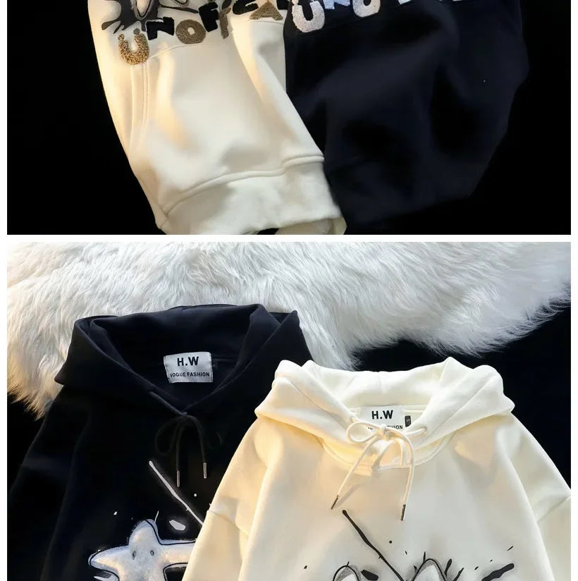 American Style Street Flocking Star Hooded Sweatshirt For Men Women Couple Loose Fit Oversize Spring Autumn Thin Jacket