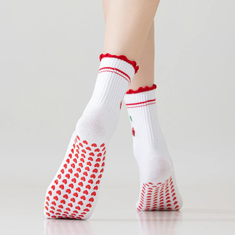 Yoga Socks Women Cotton Cherry Embroidered Lettuce-Edge Dot Silicone Non-slip Grip Pilates Crew Socks