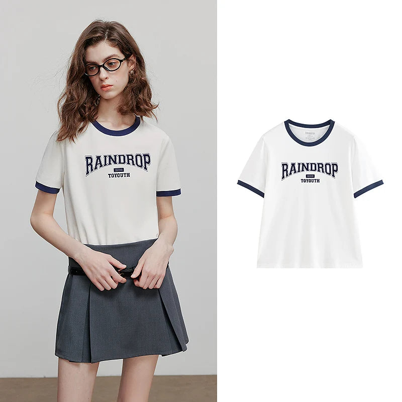 TOYOUTH Women Short Sleeve T shirt 2025 Summer New Color Blocked Letter American Style Antibacterial Cotton Tops GT5210004