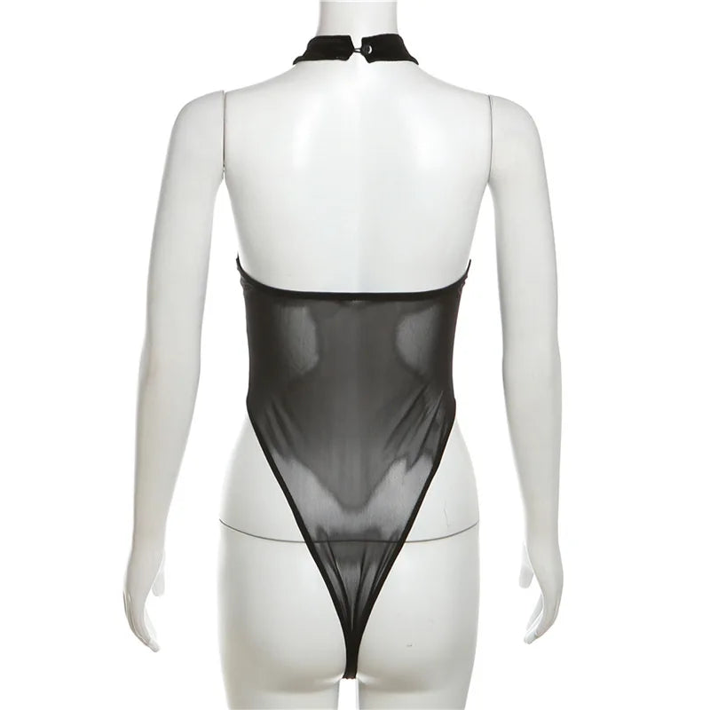 Goth Dark Mesh See Through Gothic Women Sexy Bodysuits Y2k Heart Velvet Sleeveless Halter Tops Grunge Backless Bodycon Bodysuit