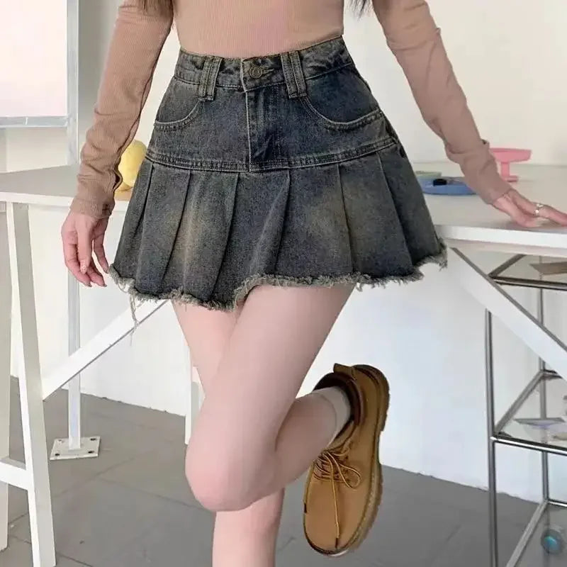 Vintage Fringe Design Slimming High-waisted Denim Skirt Women's Mini Dress Plenty Wrinkles For Summer