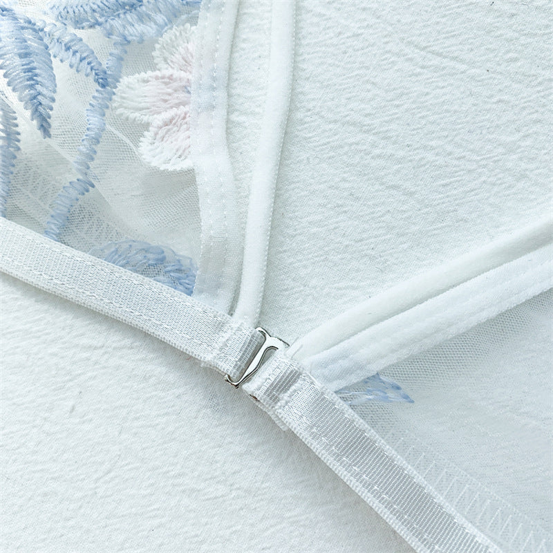 Women's Ultra-thin Cup Bra & Brief Sets Mesh Lace Underwear Set Transparent Beauty Back Hollow Embroidery Lingerie Set