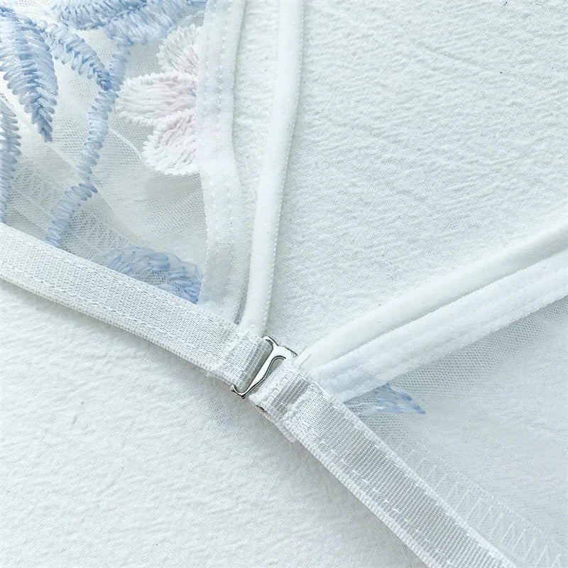 Women's Ultra-thin Cup Bra & Brief Sets Mesh Lace Underwear Set Transparent Beauty Back Hollow Embroidery Lingerie Set