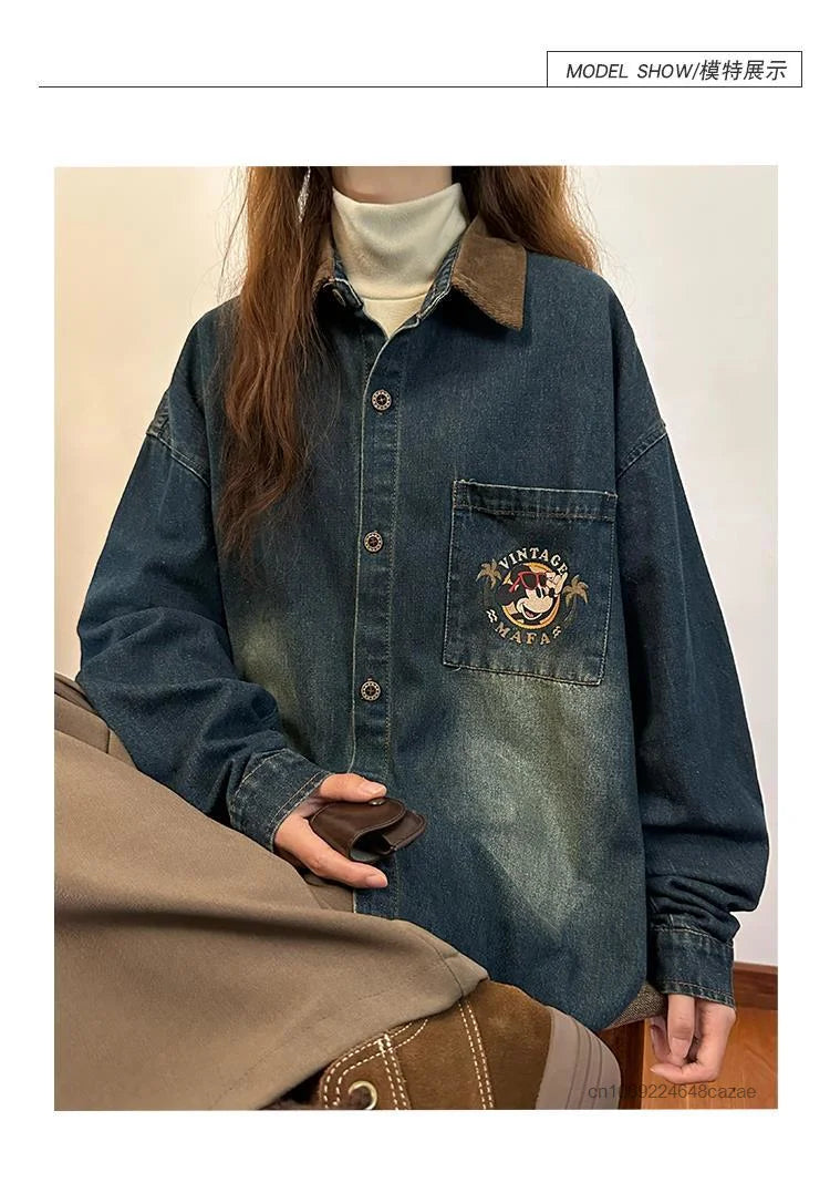 Disney Mickey Mouse American Vintage Print Denim Shirt Fashion Long Sleeve Women's Thin Jacket Spring New Trend Versatile Jacket