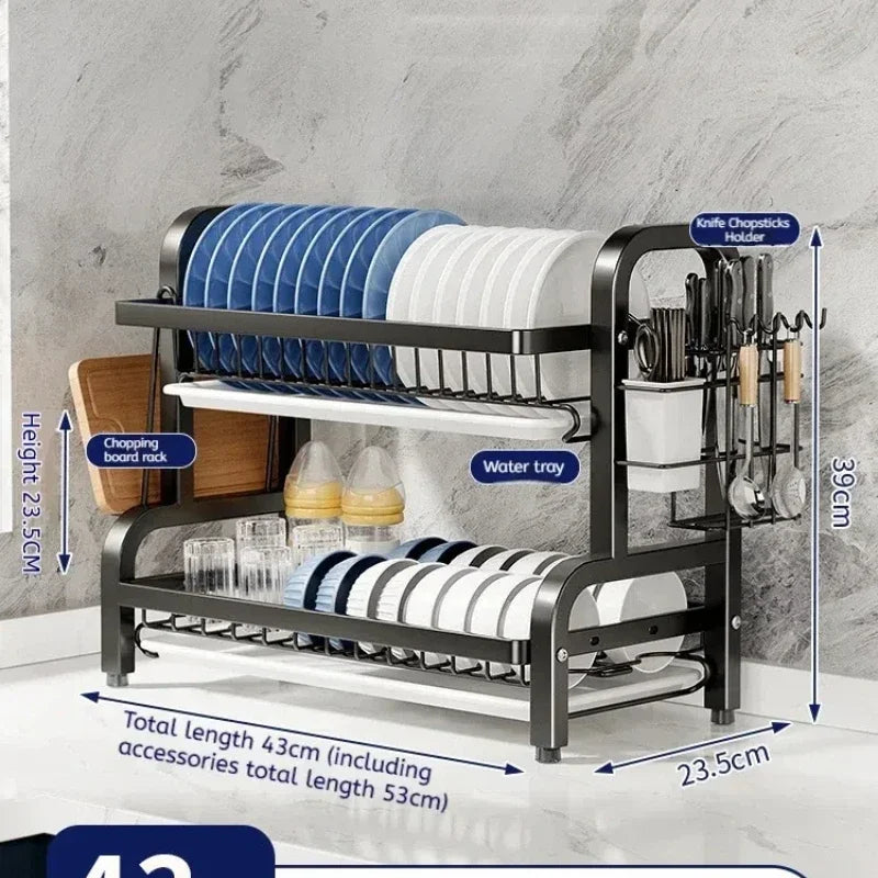Kitchen 2nd floor storage cutlery and bowl rack set with cutlery rack, large anti rust cutlery drainage board