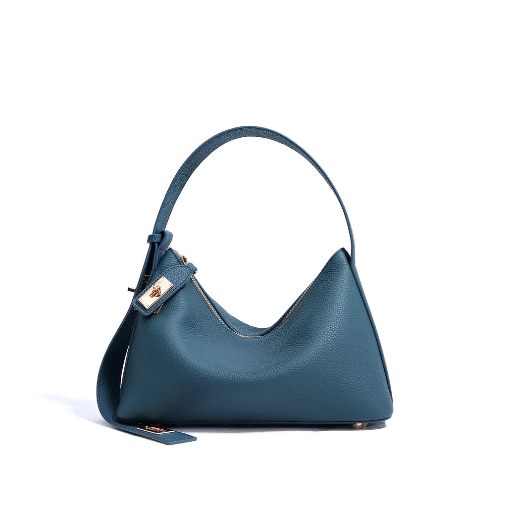 Women's Plain Color Genuine Leather Handbag Fashionable All-match Casual Versatile Trendy Single Shoulder Bag with Lock Design