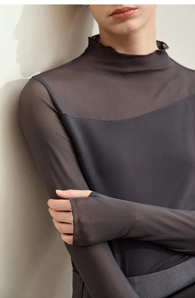 Amii Minimalism Mesh T-shirts For Women 2025 Spring New Office Lady Half-high Neck Micro Perspective Slim Retro Shirt 12423055