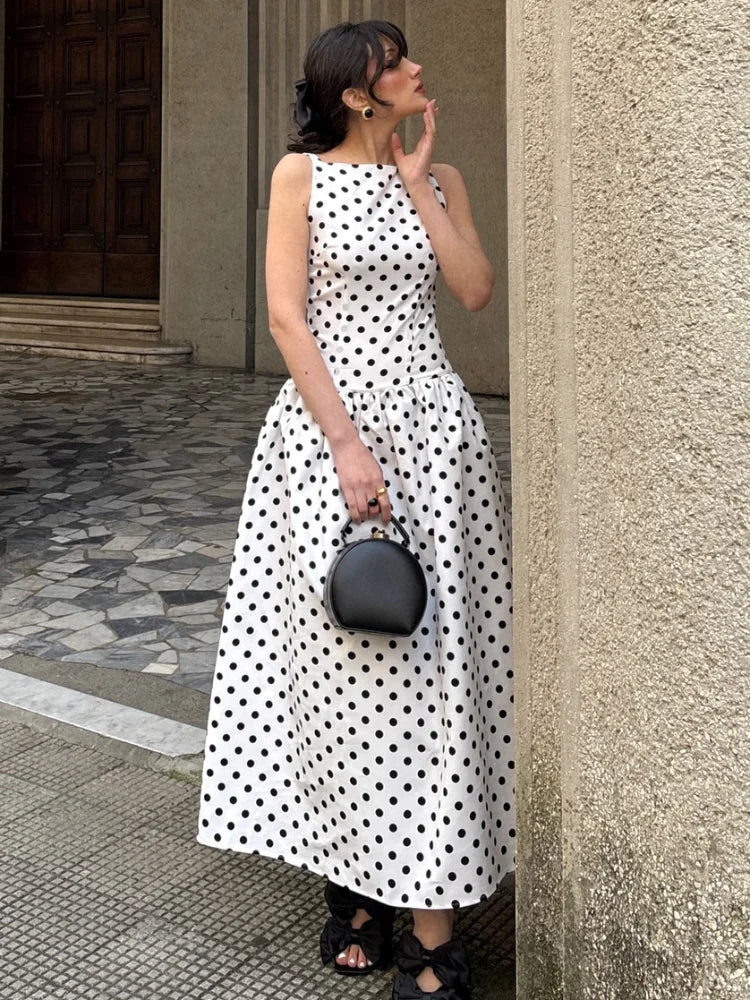 Elegant Women Polka Dot Maxi Dresses Chic Sleeveless Round Neck High Waist Slim Long Vestidos 2025 Lady Party Street New Dress