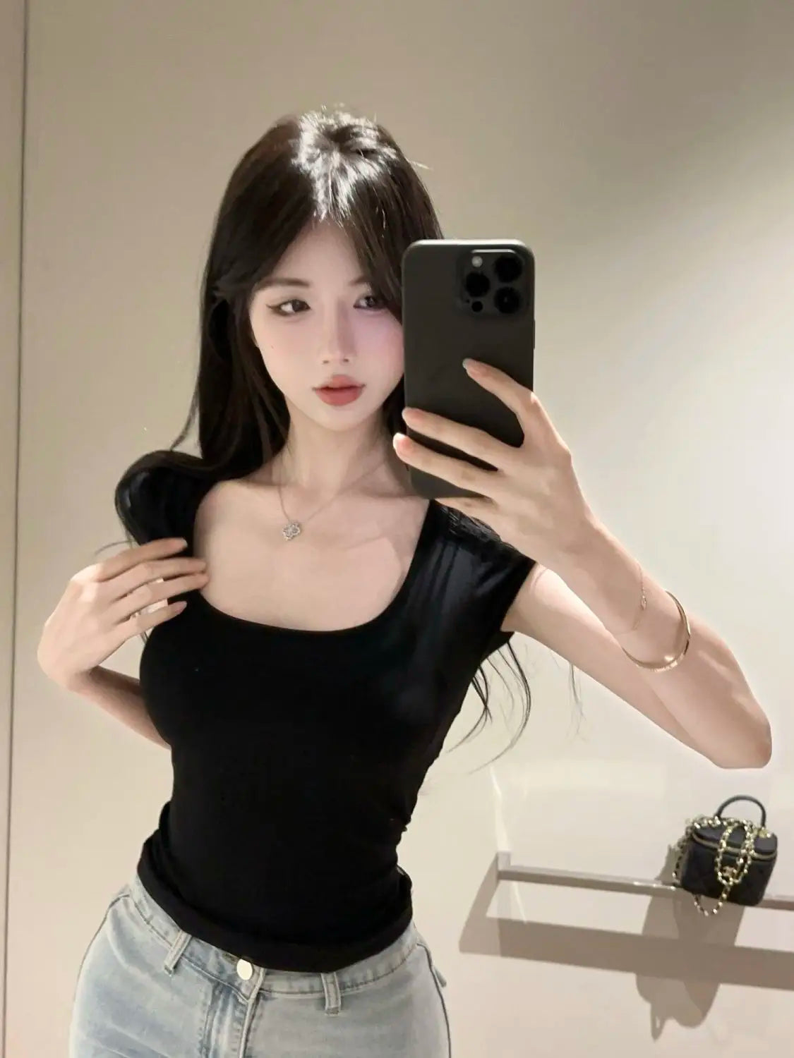 U-neck Short-sleeve T-shirt for Women Summer Slim-fit Sexy Sheer Mesh Fashionable Versatile Cropped Top