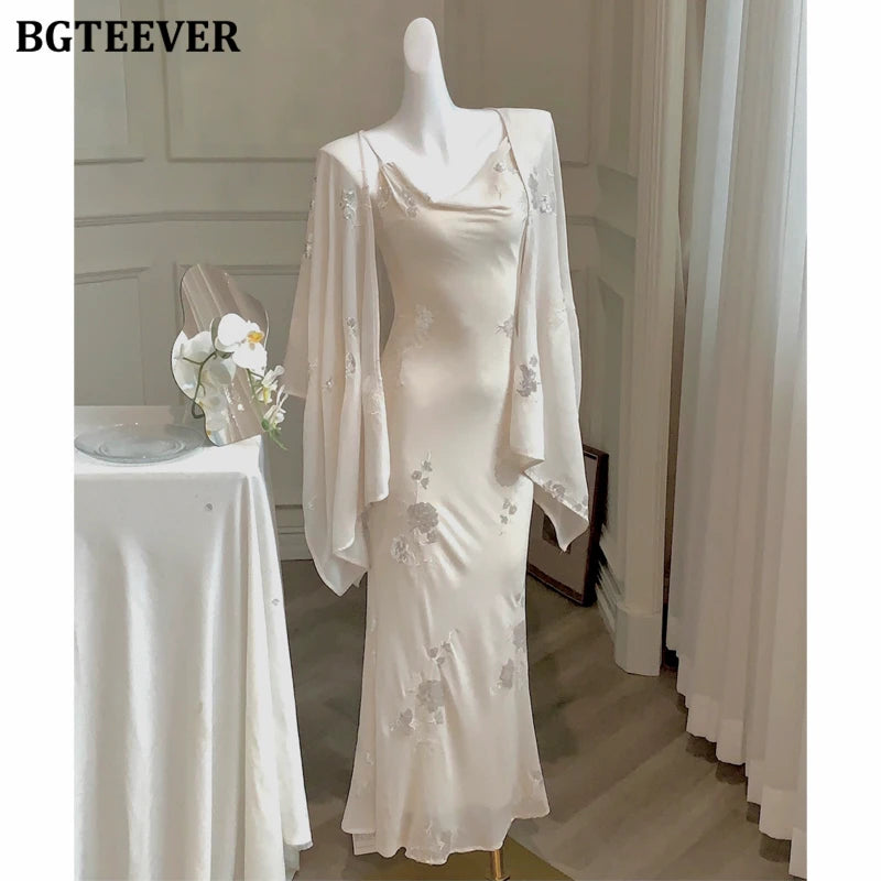 BGTEEVER Autumn Winte Slim OL Embroidery Set Long Sleeve Cardigans & Spaghetti Strap Package Hip Dress Ladies 2 Pieces Set