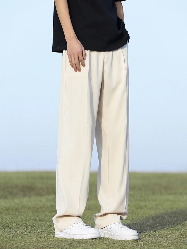 Summer Korean Men's Pants Light&Thin Polyester Elastic Waist Semi-Wide Loose Slacks Drape Suit Pants Male Casual Trousers