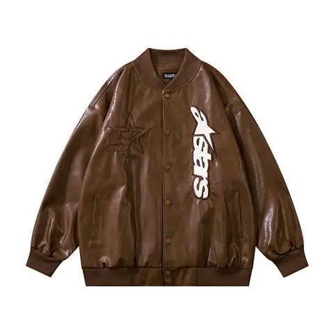 American retro letter embroidery leather Jacket Coat women's Y2K street hip-hop trend baseball suit couple casual leather jacket