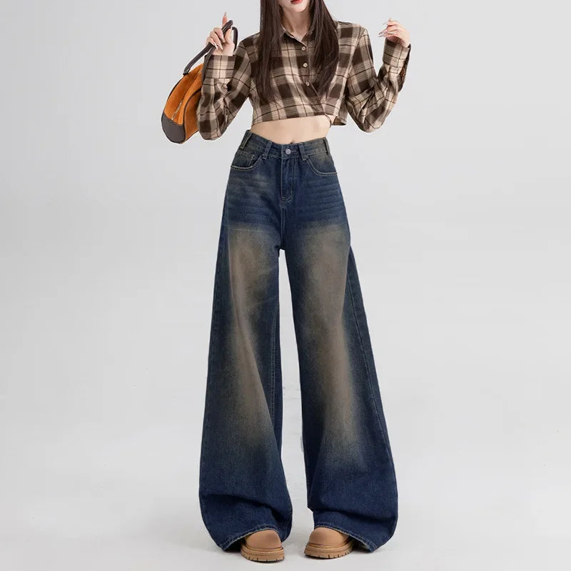 Slimming Wide Leg Straight Leg Jeans Women's Spring Autumn Winter New Style Washed Korean Version Commute Floor-Length Denim Pan