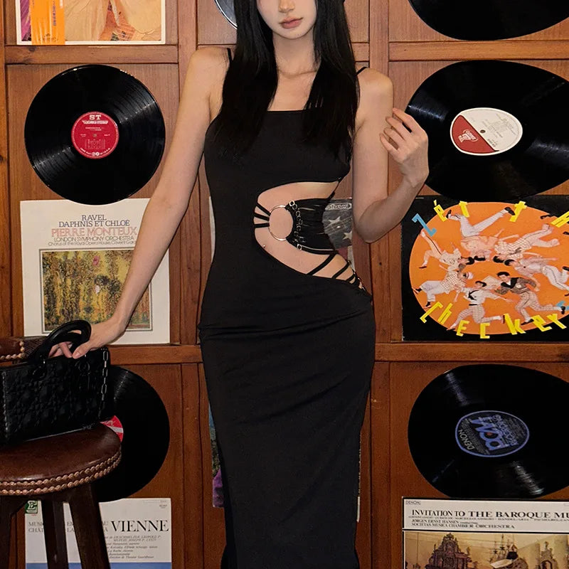 AltGoth Sexy Hollow Out Dress Women Mall Gothic Aesthetic Sleeveless Bodycon Dress Streetwear Elegant Evening Party Dress Female