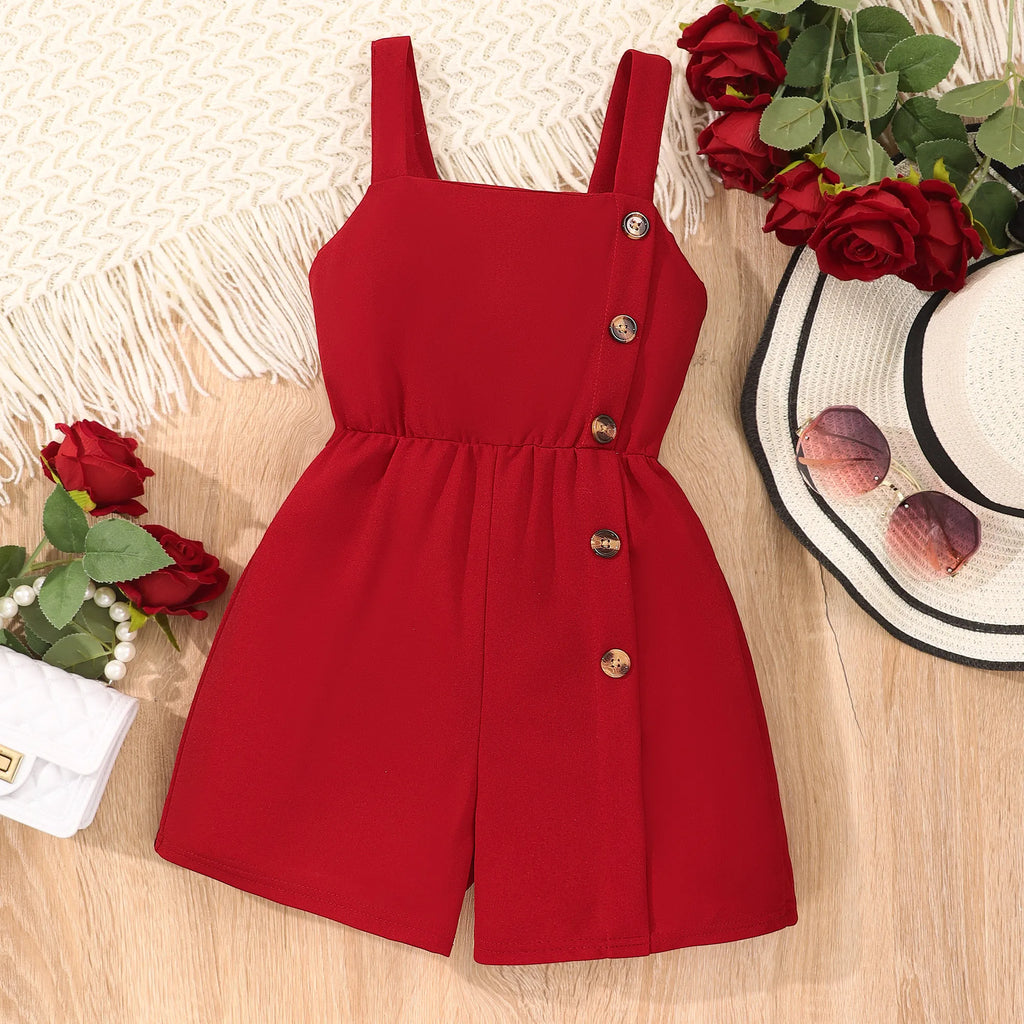 Girls Casual Solid Button Decor Sleeveless Jumpsuit Romper For Summer Gift