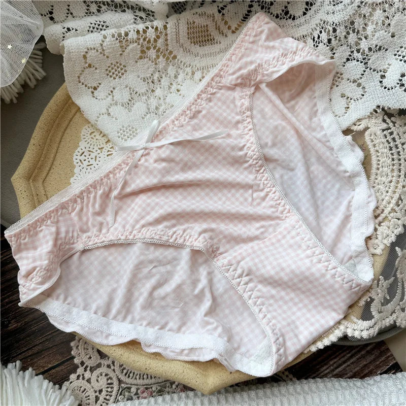 SP&CITY Dot Patterned Ice Silk Cute Women's Panties Ow Waist Cartoon Printed Sweet Plaid Ruffle Underwear Female Seamless Briefs
