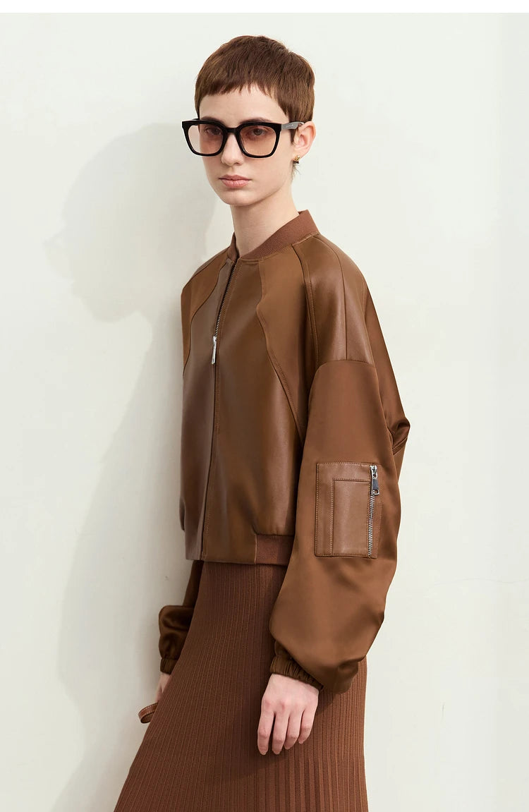 Amii Minimalism PU Leather for Women 2024 Autumn New Casual Handsome Baseball Collar Zipper Short Retro Female Jacket 12423080