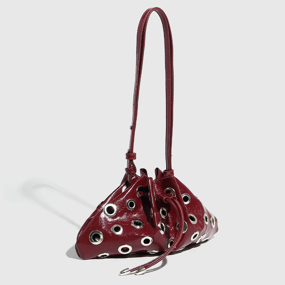Women Metal Stud Y2k Shoulder Bag Large Capacity Retro Hollow Handbag Drawstring Crossbody Bag Shopping Vacation Handbag