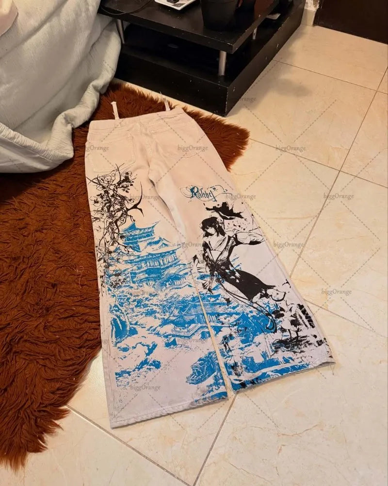 Y2K Harajuku Anime Printed Baggy Cargo Jeans Hip-hop Streetwear Trousers Gothic Punk High Waist Wide-leg Straight Pants Women