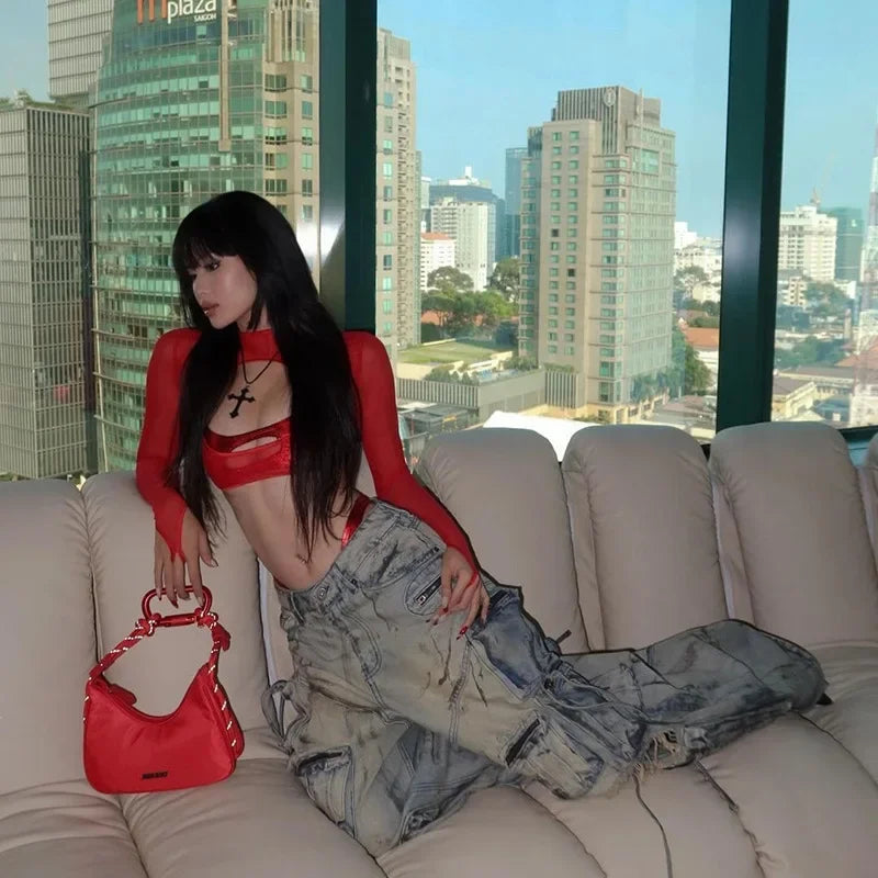 See Through Y2k Clothes Hollow Out Mesh Crop Top Skinny Camisole Mini Ropa De Mujer Rave Outfits 2 Pcs Set T Shirts For Women