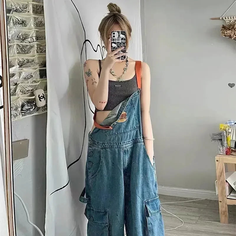 Cool Girl Style Embroidered Spicy Ink Denim Strap Jumpsuits Women's Autumn/Winter Large Loose and Slim Retro One Piece Pants