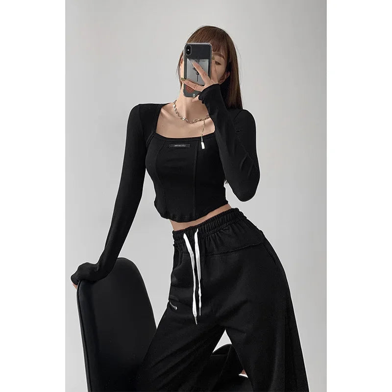 American Style Fishbone Design Sensibility Base Layer Top Women's Cropped Long Sleeve T-shirt Trendy Square Collar Clavicle Top