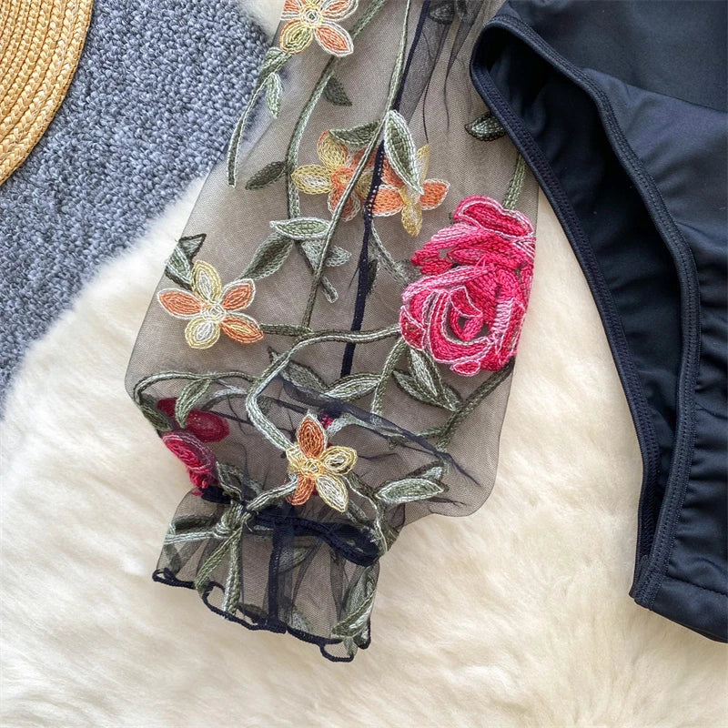 Women's Black Gothic Vintage Jumpsuits Y2k Harajuku Embroidery Overalls Korean Aesthetic 2000s Exotic Sexy Mesh Rompers Clothes