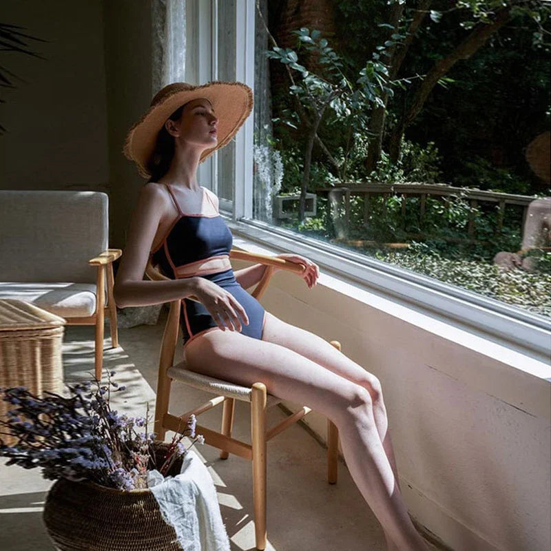 One Piece Swimwear Women Cut Out Swimwear Straps Swimsuit Padded Bathing Suit Sexy Dark Blue Monokini Summer Beachwear Korean