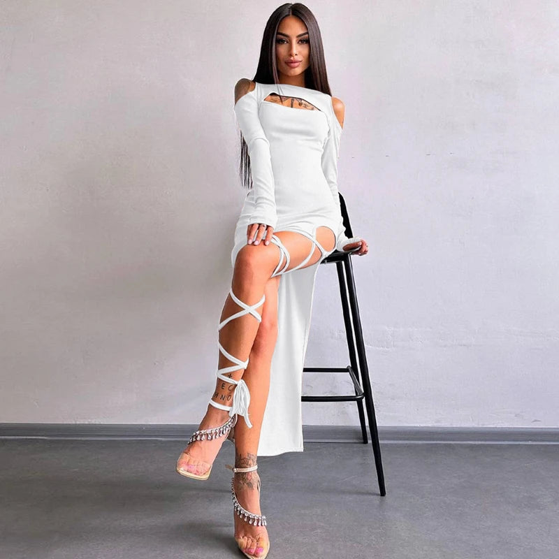 Hugcitar Long Sleeve Solid Hollow Out Slit Lace Up Elegant Sexy Bodycon Maxi Prom Dress 2023 Fall Women Birthday Party Outfit "