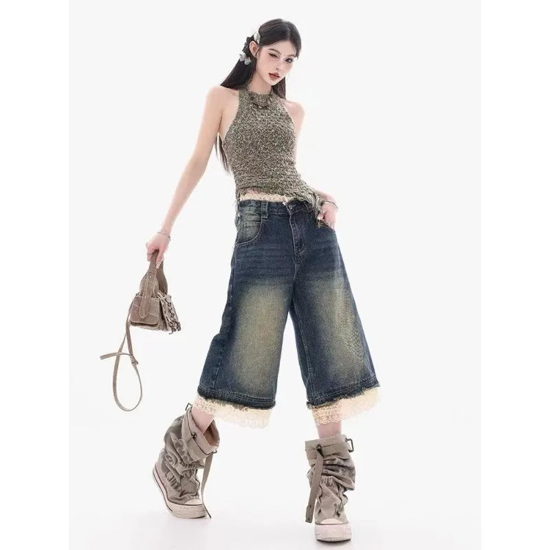 Summer Y2k Oversized High Street Spicy Girl Loose Wide Leg Cropped Pants Trendy American Washed Retro Sexy Lace Patchwork Jeans