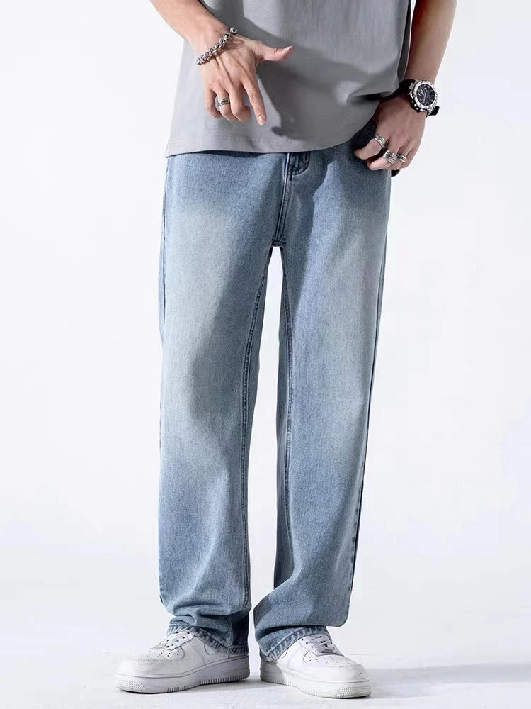 Spring Autumn Men's Jeans Straight Denim Pants Banding Waist Cotton Streetwear Wide Leg Loose Casual Blue Long Jeans Trousers