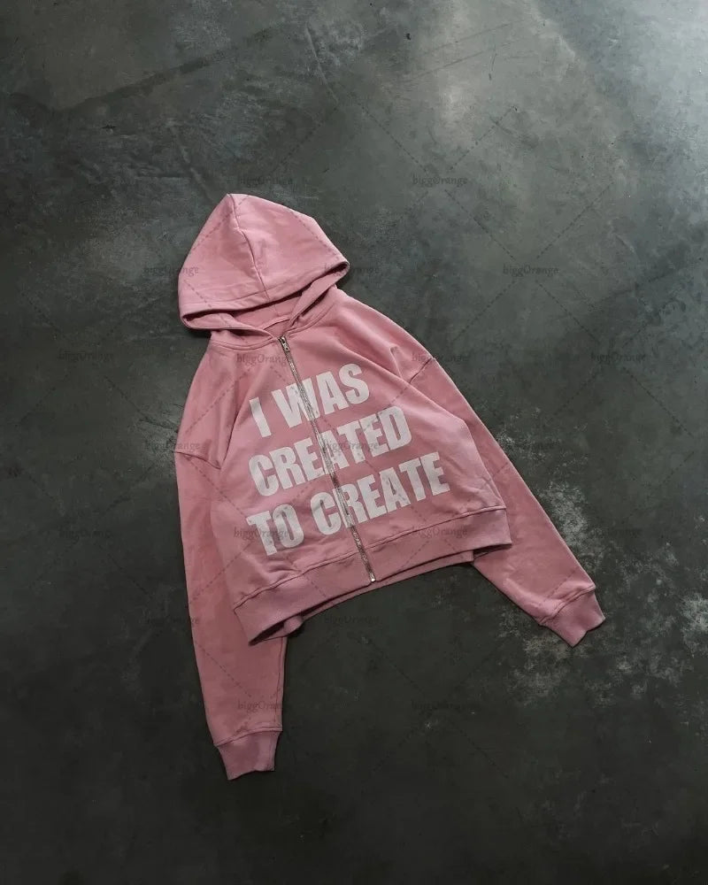 2025 Trendy Hip-hop Street Trend Brand Clothing Punk Style Letter Print Zipper Hoodie Men Pink Casual Retro Oversized Sweatshirt
