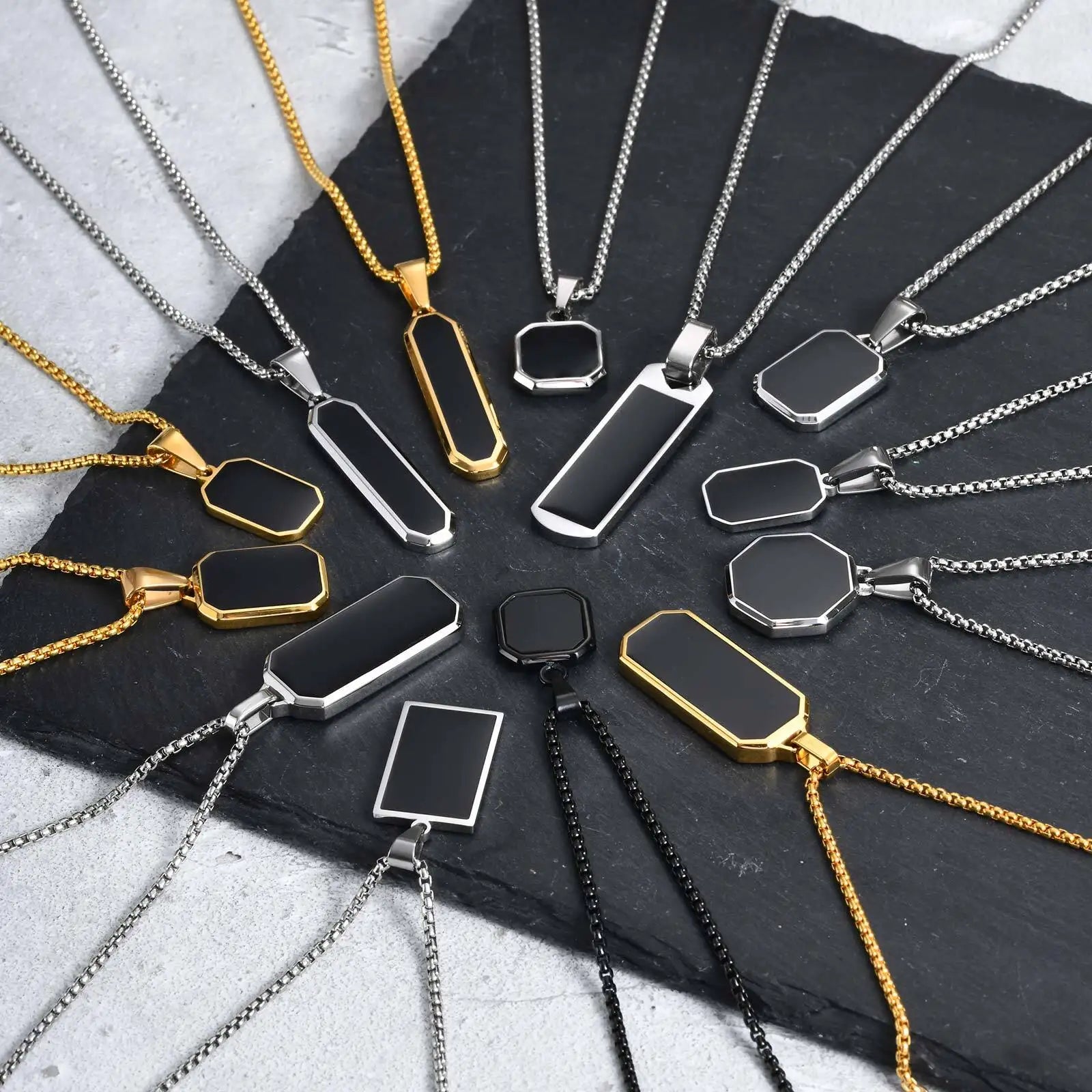 Casual Black Enamel Necklaces for Men,Waterproof Stainless Steel Square Pendant Necklace,Simple Fashion Male Collar Jewelry Gift