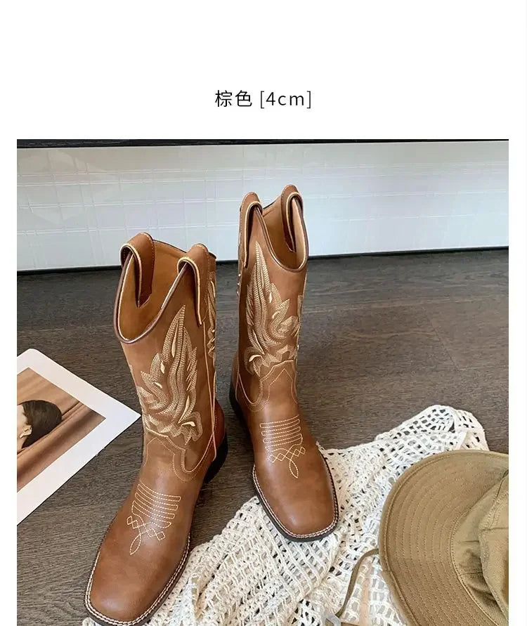 Fall Women Mid-calf Boots 2025 Vintage Leather-covered Brown Western Cowboy Boots Embroidered Chunky Heel Thigh-high Knight Boot