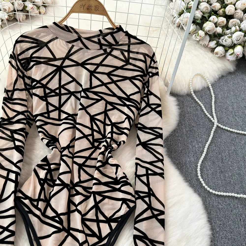 Foamlina Sexy Hollow Out Mesh Bodysuits for Women Fashion Striped Print Stand Collar Long Sleeve Slim Fit Club Party Jumpsuits