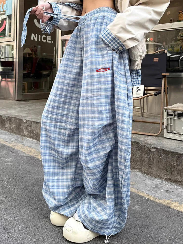 Zoki Streetwear Y2K Plaid Pants Women Vintage American High Waist Scimitar Pants Harajuku Oversize Loose Bf Casual Trousers New