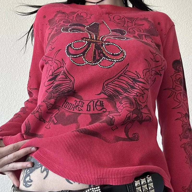 Y2K Grunge Cyber Mall Goth Thermal T-shirt Skulls Graphic Print Long Sleeve Pullovers Tops Women 90s Vintage Aesthetic Tees