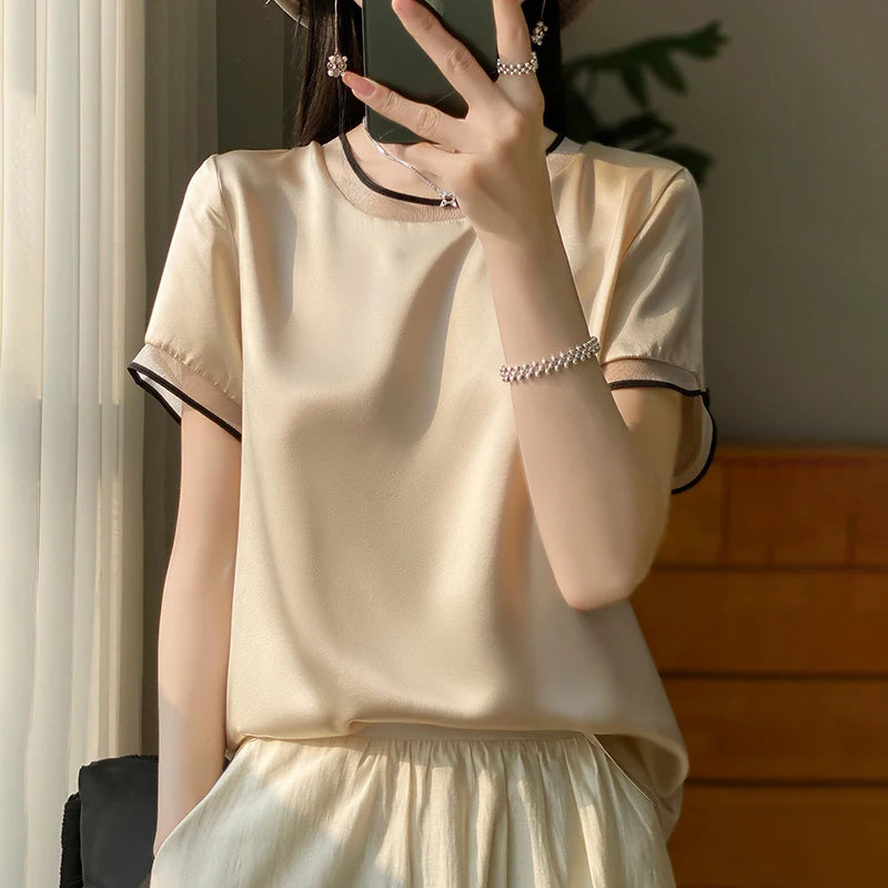Oversize New Arrival T-Shirt Silky Satin Surface Women's Tees Short ONeck Tank Top Casual Slim Solid Lady Clothes Fashion Trends