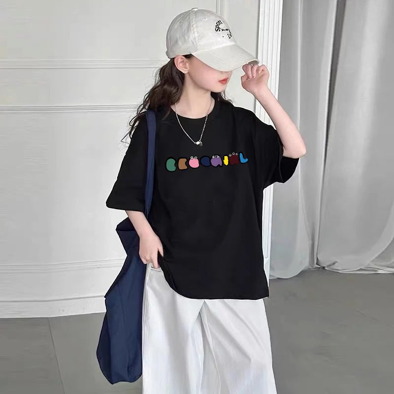2023 Summer Kids Clothes Sweet Cool Girl T Shirt Short Sleeve Tops 100% Cotton FashionStreet style O-Neck  T-shirt for Children